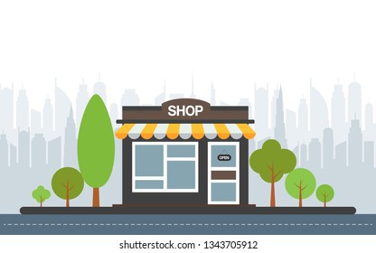 Store front  buildings icons with city background