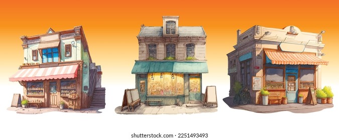 Store front cafe restaurant vintage retro old town watercolor painting illustration
