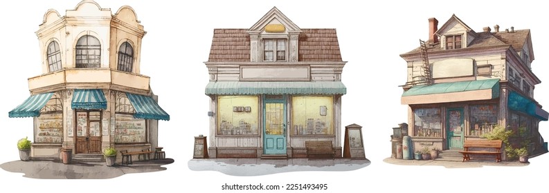 Store front cafe restaurant vintage retro old town watercolor painting illustration