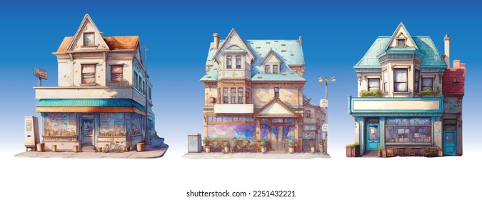 Store front cafe restaurant watercolor painting illustration 