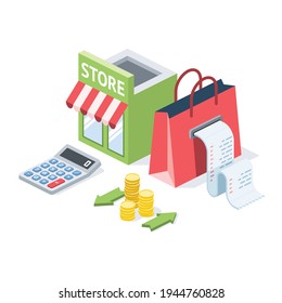 Store front, calculator, money coins arrows, shopping bag cash register receipt. Vector 3d symbol, isometric, color web icons, new flat style. Creative design idea, concept for infographics.