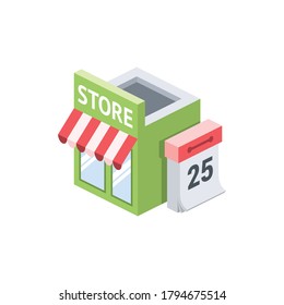 Store front calendar wall. Vector 3d isometric, color web icons set, new flat style. Creative illustration, idea for infographics.