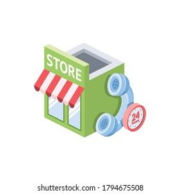 Store front call phone support. Vector 3d isometric, color web icons set, new flat style. Creative illustration, idea for infographics.