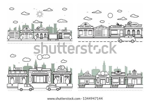 Store Front City Building Street Road Traffic\
Line Art Outline