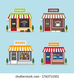 Store front. Store front coffee, pizzeria, grocery, bookshop. Set of isolated facade buildings. Small business Street architecture. Vector illustration in flat style
