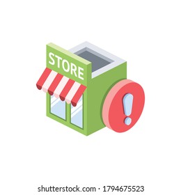 Store front Exclamation point. Vector 3d isometric, color web icons set, new flat style. Creative illustration, idea for infographics.