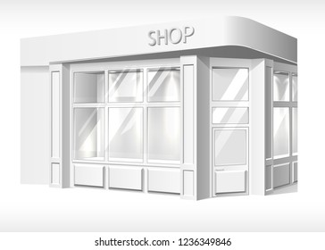 Store Front Exterior Mockup. Realistic Stand Booth, Shop, Boutique Forepart Template For Presentation. Trading Outlet Kiosk With Glass Window, Exhibition And Product Display. Vector Illustration