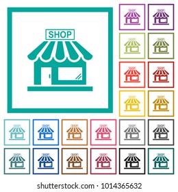 Store front flat color icons with quadrant frames on white background
