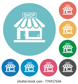 Store front flat white icons on round color backgrounds