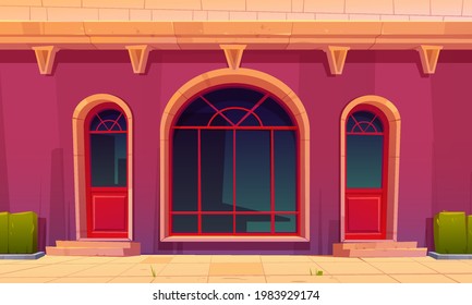 Store front with glass doors and arch window in old building facade. Vector cartoon illustration of house exterior with showcase of vintage shop, boutique, market or restaurant