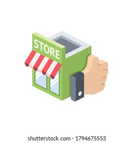 Store front hands hinger up. Vector 3d isometric, color web icons set, new flat style. Creative illustration, idea for infographics.