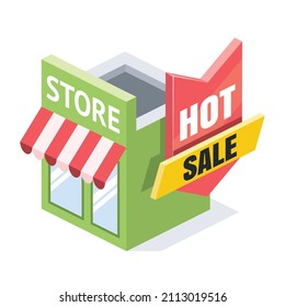 Tienda la venta al aire libre. Vector 3d línea isométrica, iconos de color web, nuevo estilo plano. Idea de diseño creativo para infografías.