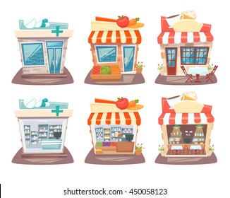 Store front and interior set. Street local retail shops building. Grocery, pharmacy and cafe facade, inside shelves and showcase. Cartoon vector illustration.