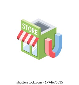 Store front magnet. Vector 3d isometric, color web icons set, new flat style. Creative illustration, idea for infographics.