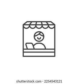 Store, front office line vector icon. Man using laptop