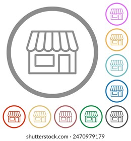 Store front outline flat color icons in round outlines on white background