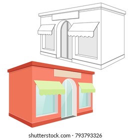 Store front. Red 3d building and outline drawing. Vector illustration on white background