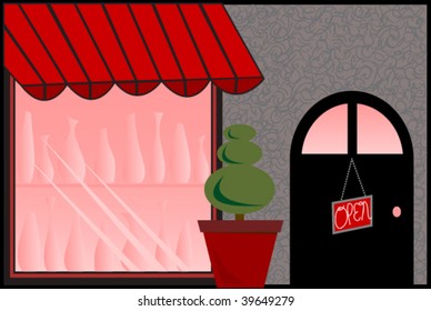 Store Front with Red Awning and Bottles in Window