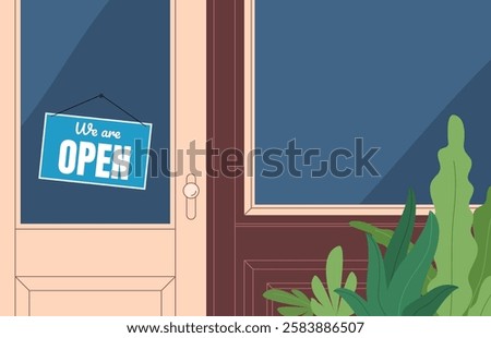 Store front with sign open. Set of signs open and closed on the door in the store. Vector illustration