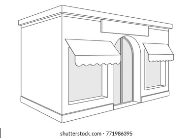 Store front. Small shop with large window and awnings. Outline drawing. Vector illustration isolated on white background