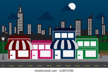 Store Front Strip Mall Stores And Night City Skyline