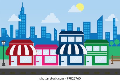 Store Front Strip Mall Stores And City Skyline