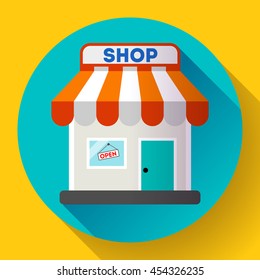 Store front vector icon Flat design small shopping center exterior illustration.