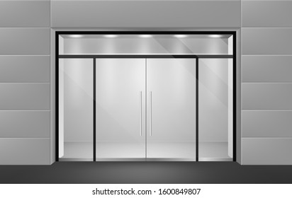 Store front. View from outside to empty shop boutique interior with glass door and big windows. Supermarket business wall entrance vector mockup