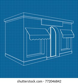 Store front. White outline drawing on blueprint background. Vector illustration