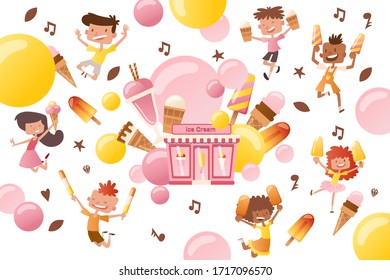 Store fronts ice cream shop, vector illustration. Happy little children in hand cold sweet on stick and cone. Character boys and girls jumping next to pink building, showcase with ice cream.