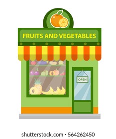 Store fruits and vegetables. shop building isolated on white background. Vector illustration