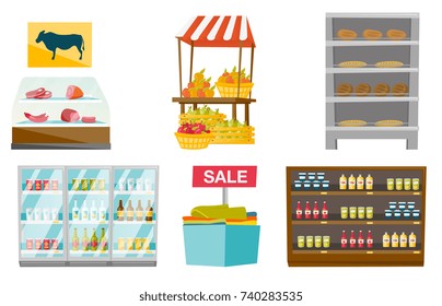 Store furniture illustrations set. Collection of shop furniture including showcase, refrigerator with products, counter, shelves with bread. Vector cartoon illustrations isolated on white background.