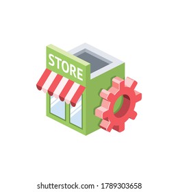 Store gear setting. Vector 3d isometric, color web icons set, new flat style. Creative illustration, idea for infographics.