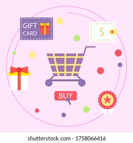Store with gift card design, vector illustration. Buy purchase in retail shop, online business sale by internet payment. Digital commerce marketing, flat discount concept. Electronic technology order.