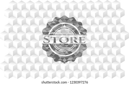 Store grey badge with geometric cube white background