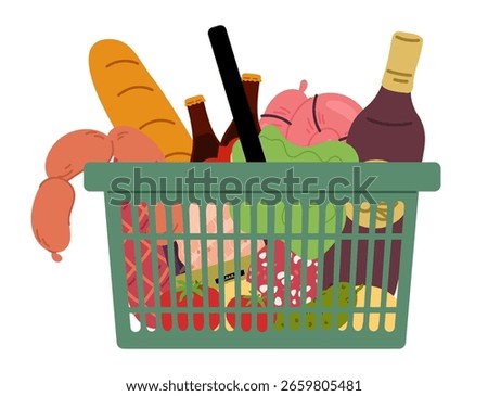 Store handheld shopping full basket with groceries. Buy sausage and butter in supermarket. Bread loaf. Fresh vegetables and fruits in container. Drink bottle. Carry meat and tomato. Vector shop object