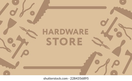 Store with hardware, tools and instrument for household, maintenance and repairing. Saw and rakes for garden, tongs and ax, gers and scissors. Handyman kit in store. Banner vector in flat style