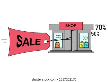 La tienda tiene un gran día de descuento. Etiqueta con la inscripción Venta.