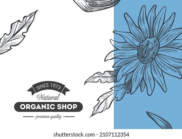 Store home page or advertisement poster, organic shop with quality products. Flowers and natural ingredients. Monochrome sketch outline of flourishing plants with petals and leaves. Vector in flat