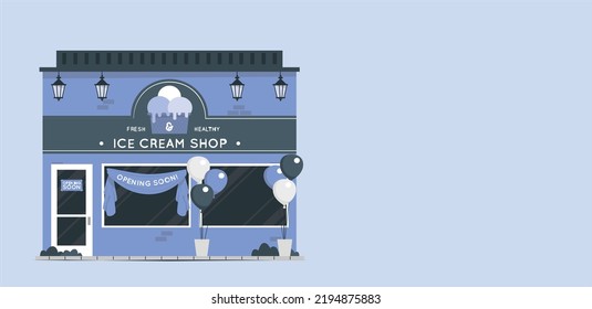 Store Ice cream market. Ice cream store opening soon sign. New Shop opening. Entrance of the new retail store with text New opening soon. Retail business open start concept. Flat illustration vector.