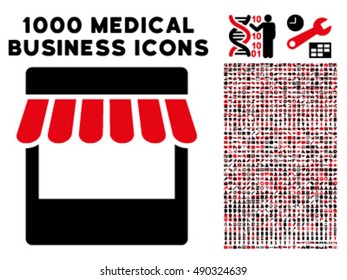 Store icon with 1000 medical business intensive red and black vector pictograms. Design style is flat bicolor symbols, white background.