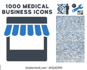 Store icon with 1000 medical business smooth blue vector design elements. Collection style is flat bicolor symbols, white background.