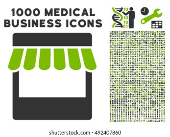 Store icon with 1000 medical business eco green and gray vector design elements. Collection style is flat bicolor symbols, white background.