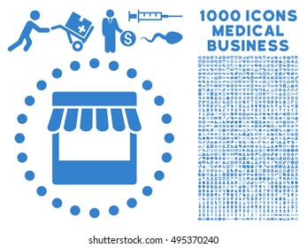 Store icon with 1000 medical commerce cobalt vector design elements. Design style is flat symbols, white background.