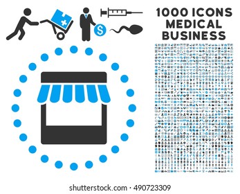 Store icon with 1000 medical commercial gray and blue vector pictographs. Set style is flat bicolor symbols, white background.