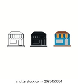 Store icon of 3 types: color, black and white, outline,vector