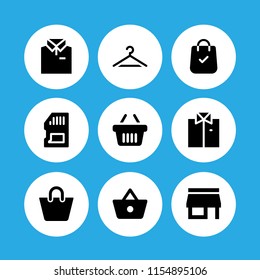 store icon. 9 store set with cart, shopping bag, shirt and memory card vector icons for web and mobile app