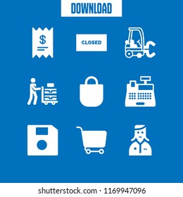 store icon. 9 store vector set. shopping cart, floppy, clerk and shopping bag icons for web and design about store theme