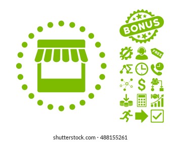 Store icon with bonus pictogram. Vector illustration style is flat iconic symbols, eco green color, white background.