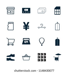 Store icon. collection of 16 store filled and outline icons such as credit card, clothes on hanger, man shoe, shop, memory card, yuan. editable store icons for web and mobile.